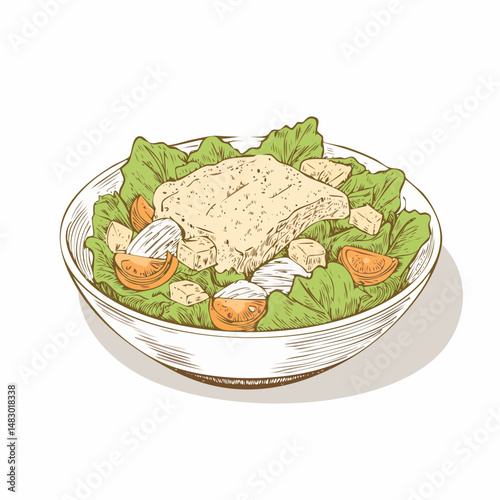 Caesar salad with chicken hand drawn engraving sketch Restaurant business concept Vector illustration.