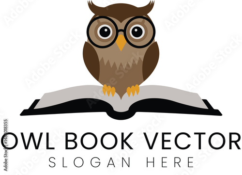 Wise Owl perched on Open Book Vector Illustration logo cute bird gray flat icon 
