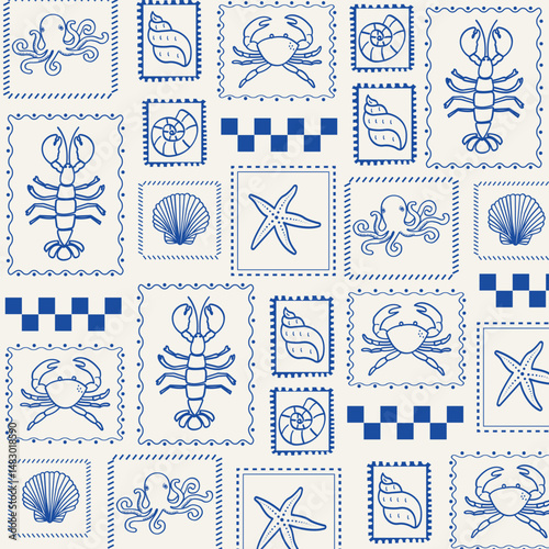 Nautical sea animal stamp seamless pattern. summer Italy vacation. Hand drawn lobster, octopus, shells and starfish design for textile, backgrounds, presentations, wrapping papers, prints, artworks.