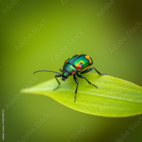 A brightly colored, intricately patterned beetle perches on a delicate green leaf, its six legs grasping tightly as