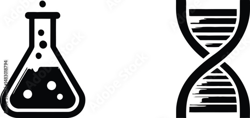 Scientific Research & Biotechnology Symbol Set Featuring Two Distinct Elements: A Laboratory Flask Filled with Liquid and Bubbles, Indicating a Chemical Experiment or Reaction, and A DNA Double Helix 