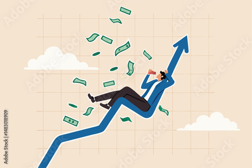Easy money, passive income earn money while sleeping, get rich quick or success investment, earning from stock market, mutual fund or crypto concept, businessman sleep on bull market rising graph.