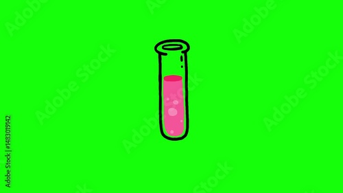 Cartoon vessel transparent glass with pink color liquid greenbox. Physics, chemistry. Illustrating chemical process isolated on green screen background. Cartoon good for educational meterials.
