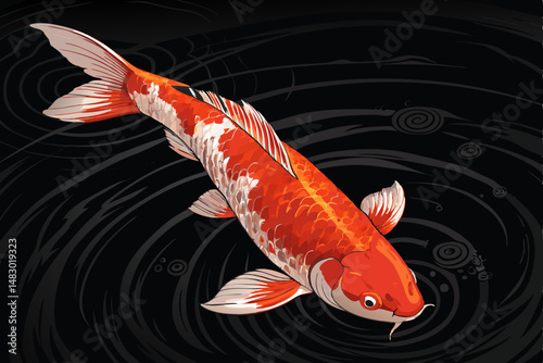 Create a vibrant vector illustration of a Koi fish, emphasizing bold orange and red scales.  The fish should be detailed and visually striking.