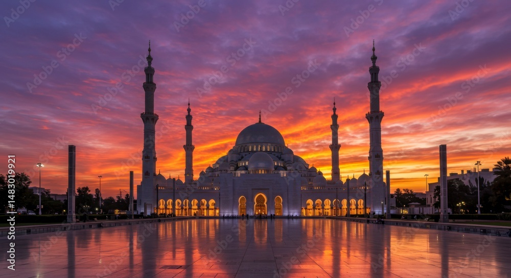 Obraz premium Grand mosque at sunset reflecting on water