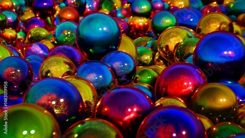 Dense field of vibrant, iridescent orbs with swirling colors and high reflectivity creating a dynamic, eye-catching abstract background.