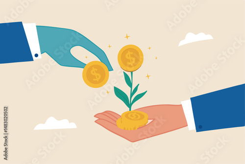 Investment growth, investing for financial independent or financial freedom, mutual fund or growth stock, saving or earning profit concept, businessman hand put money coin on growing money seedling.