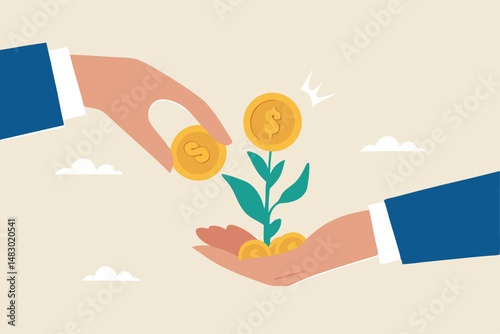 Investment growth, investing for financial independent or financial freedom, mutual fund or growth stock, saving or earning profit concept, businessman hand put money coin on growing money seedling.