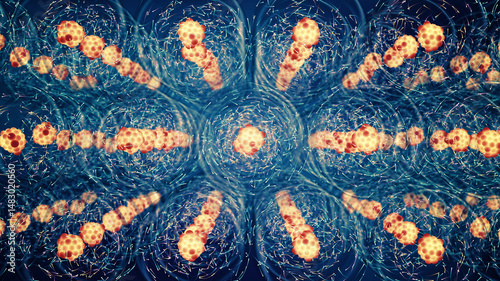 The atom consists of a nucleus containing protons and neutrons. The electrons of an atom are bound to the nucleus by the electromagnetic force.	