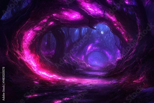 Magical forest path with glowing, purple, tree tunnels creating an otherworldly atmosphere