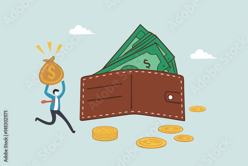 Salary, wages or income, making money profit, cash or economics, financial saving, investment or expense, spending, salary payroll, compensation concept, businessman hold money with wallet banknotes.