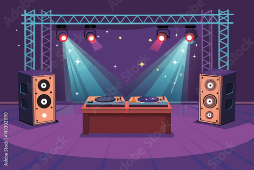 Design a vibrant vector illustration of a music battle stage, featuring bold, dynamic lighting effects and speech bubbles for dialogue.