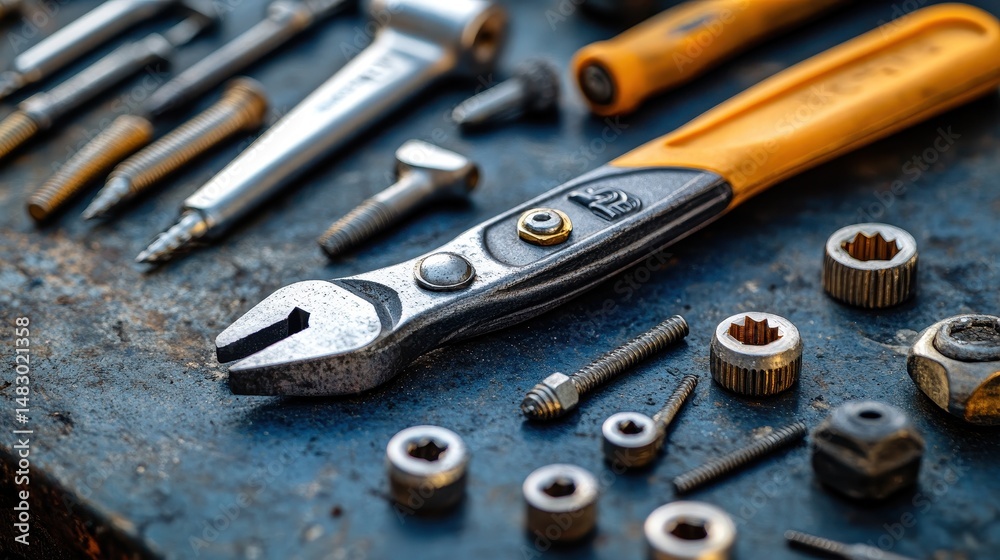 Fototapeta premium Close-up of assorted metal hand tools and fasteners on textured surface