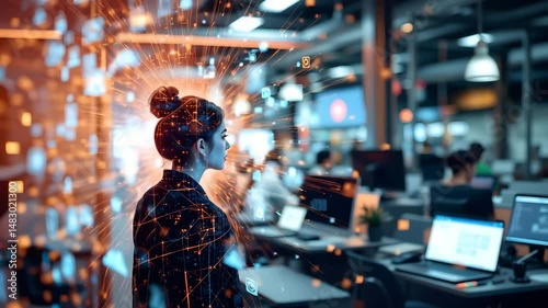 Person holding virtual reality headset in hands with focused expression and futuristic setting