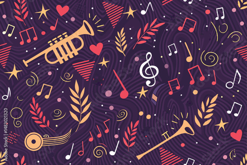 Create a vibrant, repeating pattern featuring bold, stylized musical notes and simplified instrument silhouettes.  The design should evoke a feeling of energetic music.