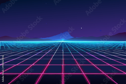 Generate a vibrant neon synthwave image featuring a bold, glowing grid pattern with intersecting lines, creating a retro-futuristic aesthetic.