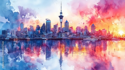 Vibrant cityscape reflected in a tranquil body of water, featuring a colourful, impressionistic sunrise/sunset