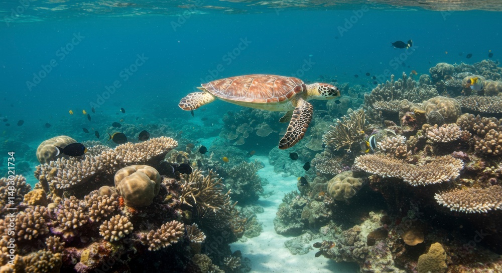 Fototapeta premium Sea turtle swimming over vibrant coral reef