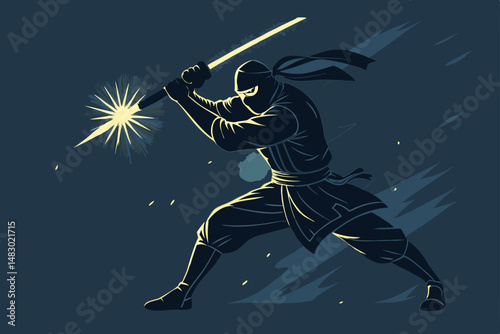 Create a dynamic vector illustration of a ninja silhouette in a mid-action pose, showcasing stealth and agility.  The style should be clean and impactful, ideal for a logo or graphic design.