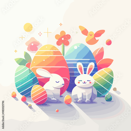 Colorful Easter eggs and playful rabbits with flowers and birds  