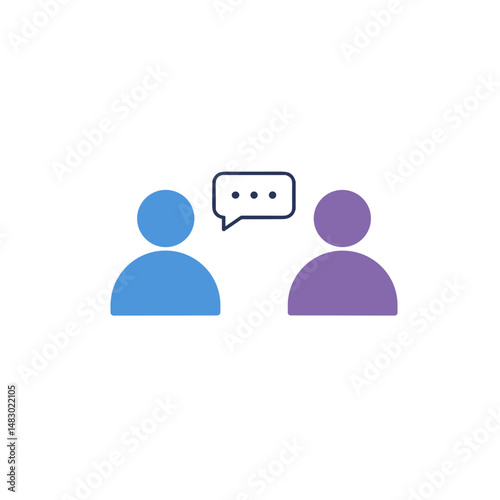 Purple and blue icon of two people with a speech bubble, communicative mood, representing dialogue and conversation