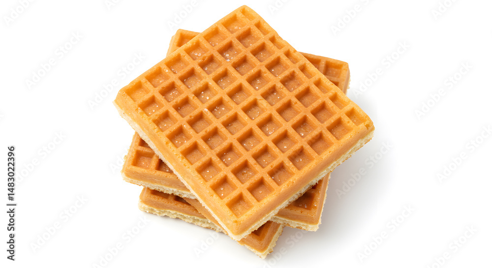 Pile of Golden Square Waffles with Sugar Crystals on White Background for Sweet Breakfast Treats Pile of Golden Square Waffles with Sugar Crystals on White Background for Sweet Breakfast Treats