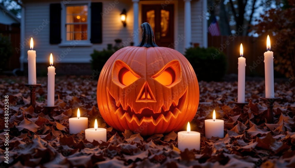 Obraz premium Spooky Halloween Jack o' lantern with Glowing Candles on Autumn Leaves