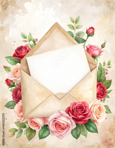 blank empty card with vintage roses for quote or message border frame 