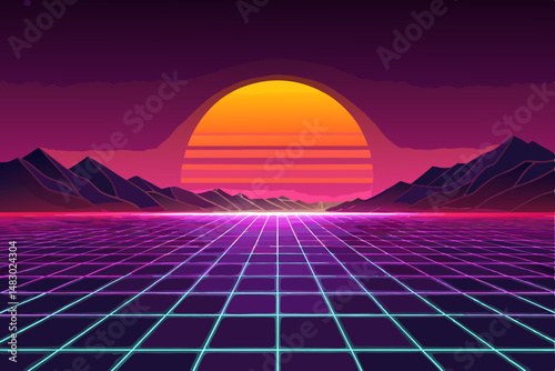 Create a vibrant retro 1980s vector background featuring a bold neon grid pattern with strong geometric shapes and bright, contrasting colors.  Include a synthwave aesthetic.
