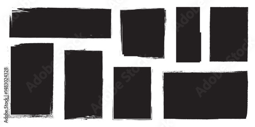 Brush strokes vector. Painted line and rectangle banners collection. Black vector rough edge rectangles. Isolated on white background. Text box frame rough grunge square paint shape element.
