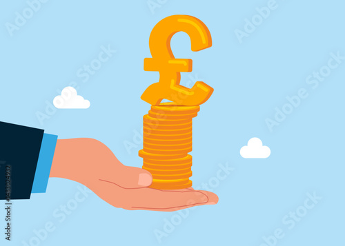 Hand holding pile of coins and pound sterling sign. Business strategy, investment, wealth, management, marketing. British money. Currency. Flat vector illustration