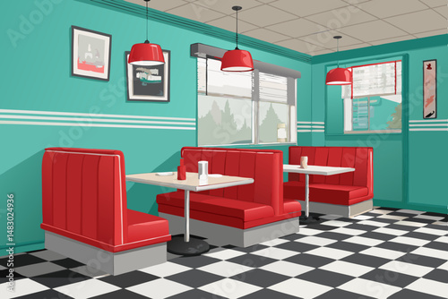 Create a vector background depicting a retro diner scene, featuring a prominent bold red diner booth.  Include classic diner details.