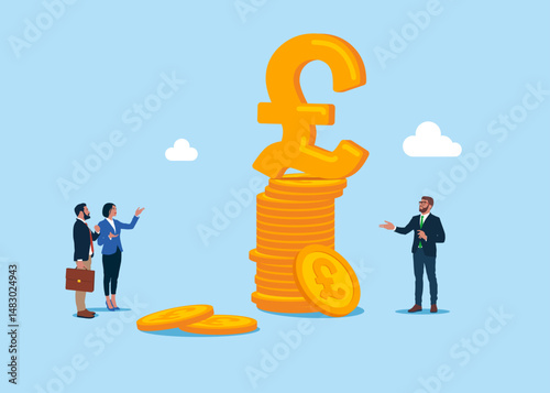 Business people standing with pile of coins and pound sterling sign. British money. Business strategy, investment, wealth, management, marketing. Flat vector illustration