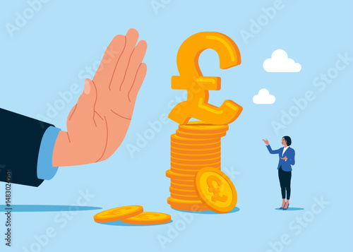 Anti corruption scene with illegal bribe money transfer. Businessman standing with pile of coins and pound sterling sign. Flat vector illustration