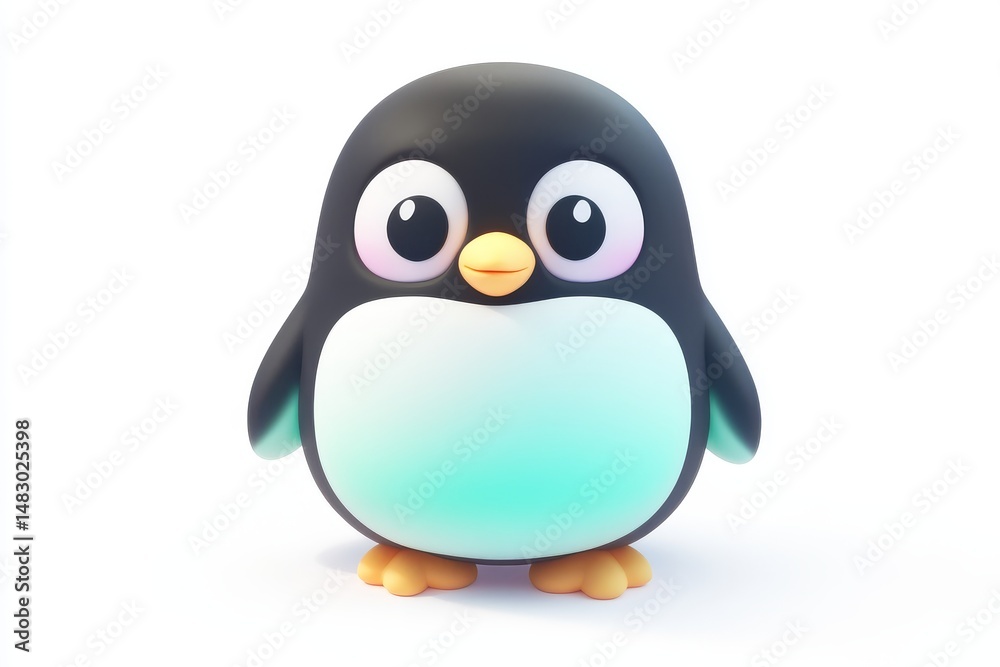 Obraz premium 3D Cartoon Penguin Buddy Icon in Snow White and Neon Teal, Ultra High Definition, Studio Lighting, Isometric View, High-Quality 16K Render, White Background