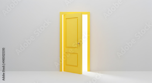 Yellow Door Partially Open Against White Wall Minimalist Interior Design Concept