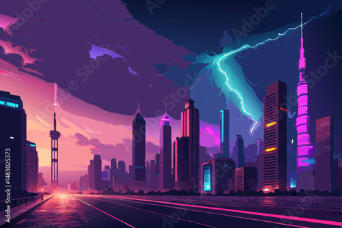 Render a vibrant retro-futuristic cityscape at night, showcasing gleaming neon-lit skyscrapers and flying vehicles.  Emphasis on glowing architectural details and a dynamic, atmospheric perspective.