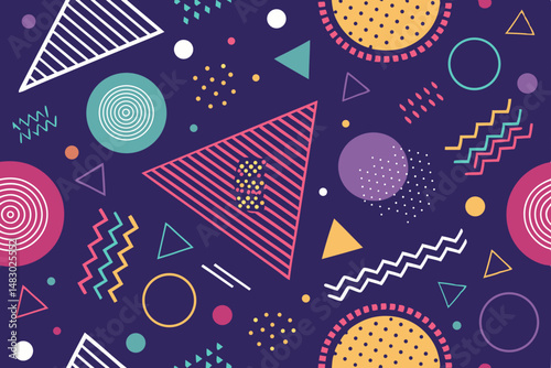 Create a vibrant retro Memphis-style vector graphic featuring bold abstract shapes, geometric patterns, and a striking color palette.  Include strong lines and dynamic compositions.