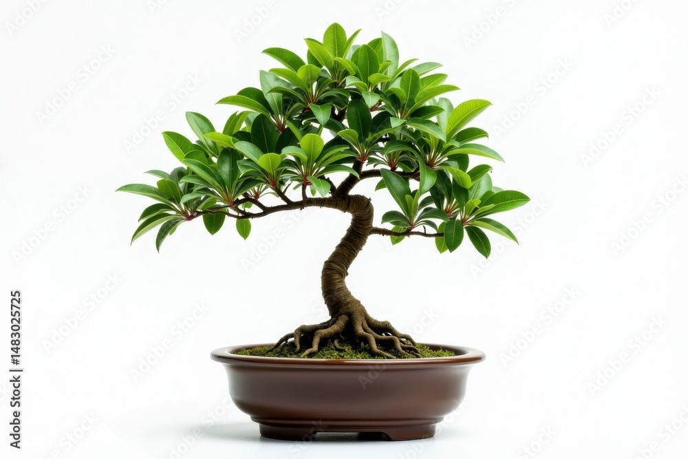 A small, well-shaped bonsai tree with lush green leaves in a brown pot, displayed against a white background. A small, well-shaped bonsai tree with lush green leaves in a brown pot, displayed against a white background.