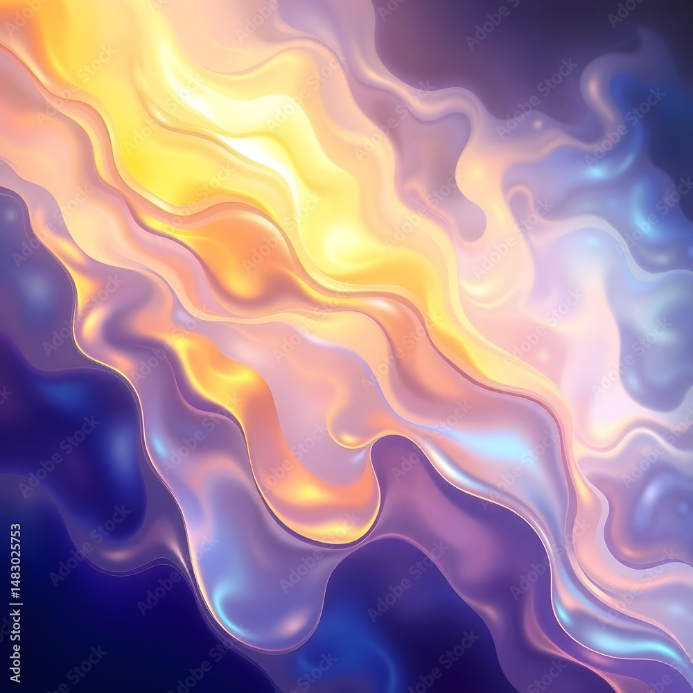 Fototapeta premium Dreamy abstract artwork, iridescent colors, warm golds and cool blues, ethereal fluid forms, interplay of light and shadow art illustration design