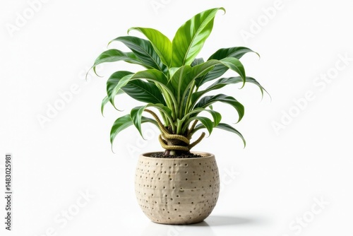 Wallpaper Mural A lush green houseplant with broad leaves sits in a decorative, textured pot against a white background. Torontodigital.ca