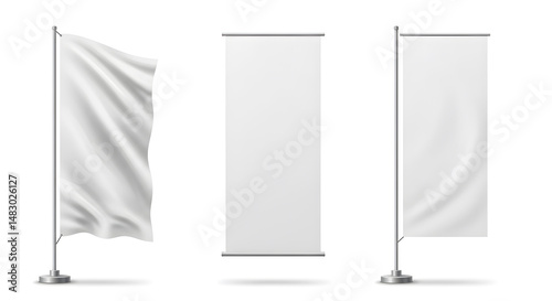 Three Blank White Flags in Various Perspectives on White Backdrop for Advertising
