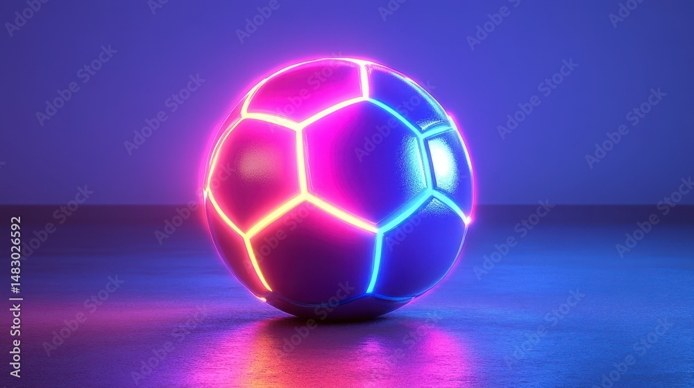 Naklejka premium Futuristic neon soccer ball with vibrant glowing hexagons on smooth surface