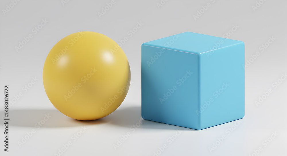 Obraz premium Yellow Sphere And Blue Cube On White Background With Soft Shadow 3d Render