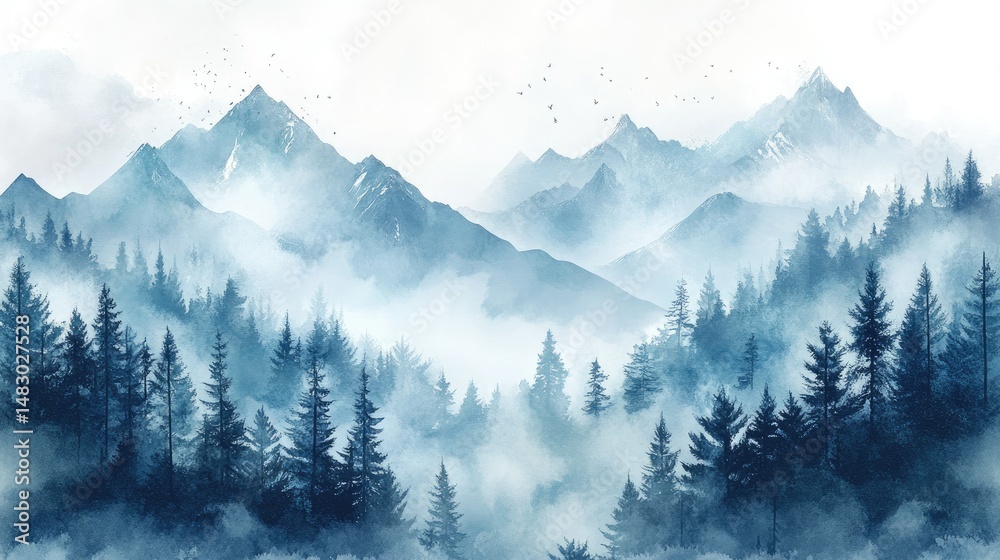 Obraz premium Beautiful Misty Mountain Landscape with Dense Forests and Layered Blue Mountain Ranges Spectacular Nature Scenery for Travel and Landscape Photography