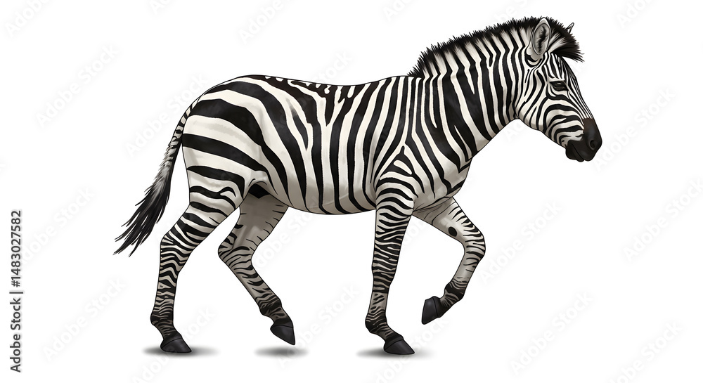 Obraz premium Zebra Walking In Side Profile On White Background Showing Black And White Stripes In Nature