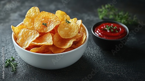 Crispy potato chips in a bowl with ketchup