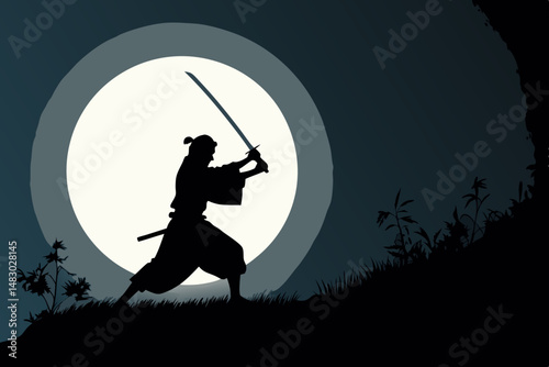 Create a vector silhouette of a samurai, katana glowing intensely, positioned dramatically against a dark background.  Focus on sharp lines and impactful contrast.