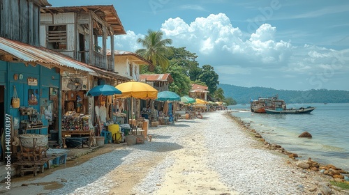 Coastal village street lined with colorful shops and umbrellas under a partly cloudy sky