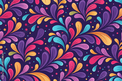 Generate a vibrant, seamless abstract pattern featuring colorful, fluid shapes in dynamic motion.  The design should evoke a sense of movement and energy.